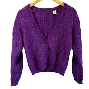 Vintage Purple Mohair Blend Cable Knit Cropped Cardigan Sweater - size Medium